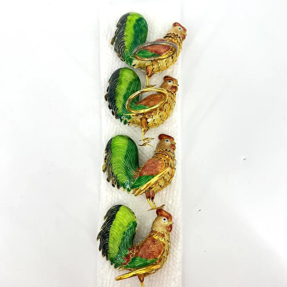 Enamel Rooster Napkin Rings Articulated Set of FOUR